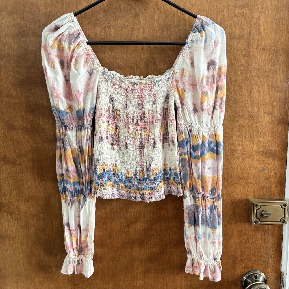 Abound Smock Crop Top Long Bubble Sleeve Hippie Boho Festival Tie Dye Women's XS